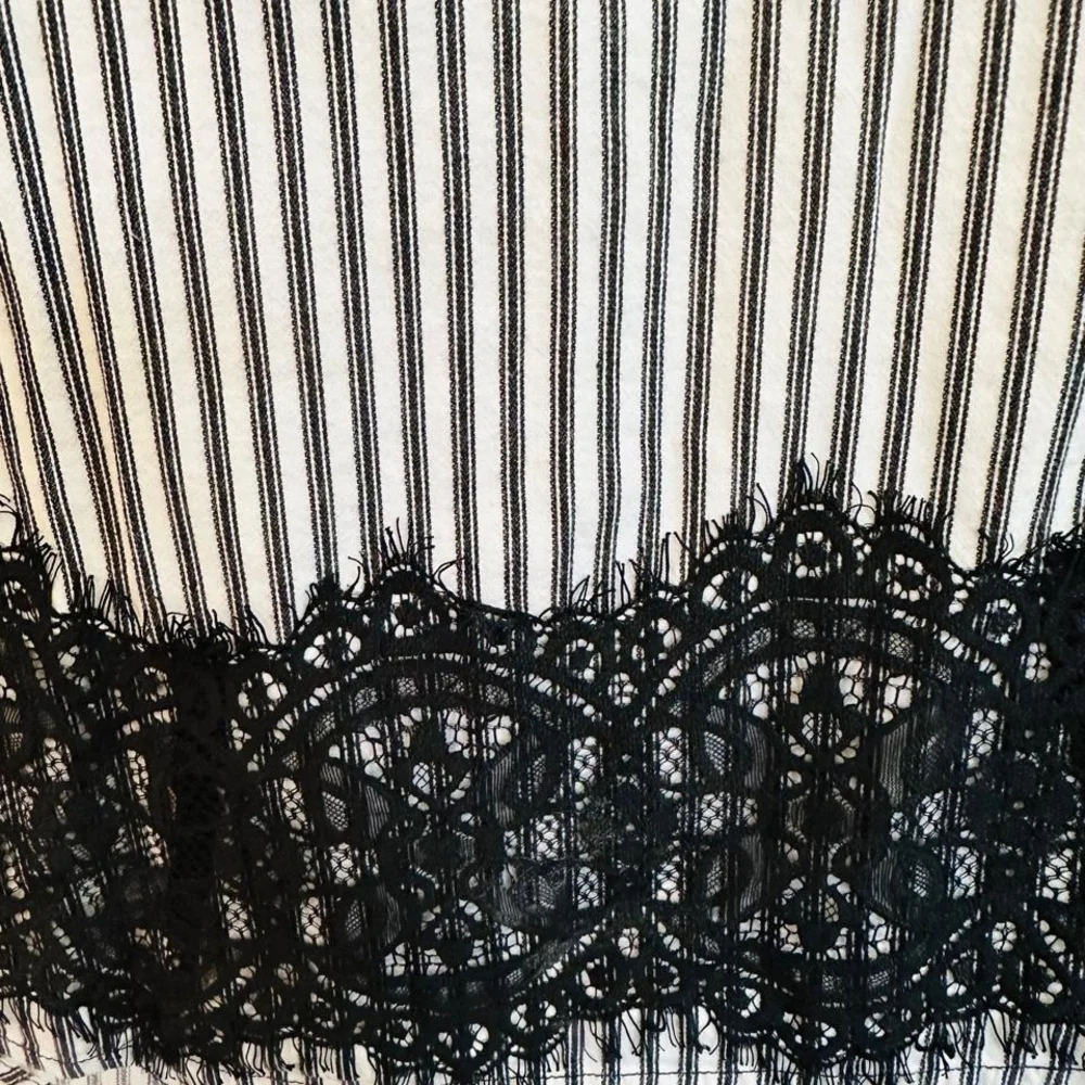 Blouse Striped Black and White Lace-Trim Women's Blouse - Picture 3 of 6